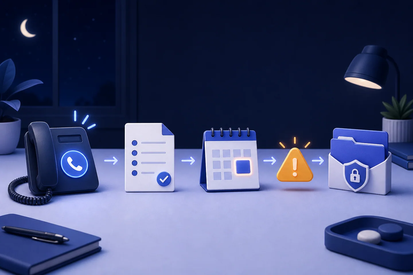 Nighttime legal-intake workflow moving a phone call through a checklist, calendar, urgent alert, and secure handoff